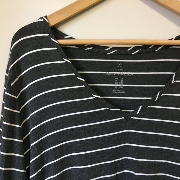 Grey and White Striped Long Sleeve Modern Relaxed Jersey V-Neck Tee - Picture 3 of 15